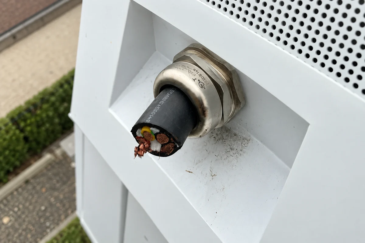 Un câble de cuivre sectionné au pied d’une borne de recharge.