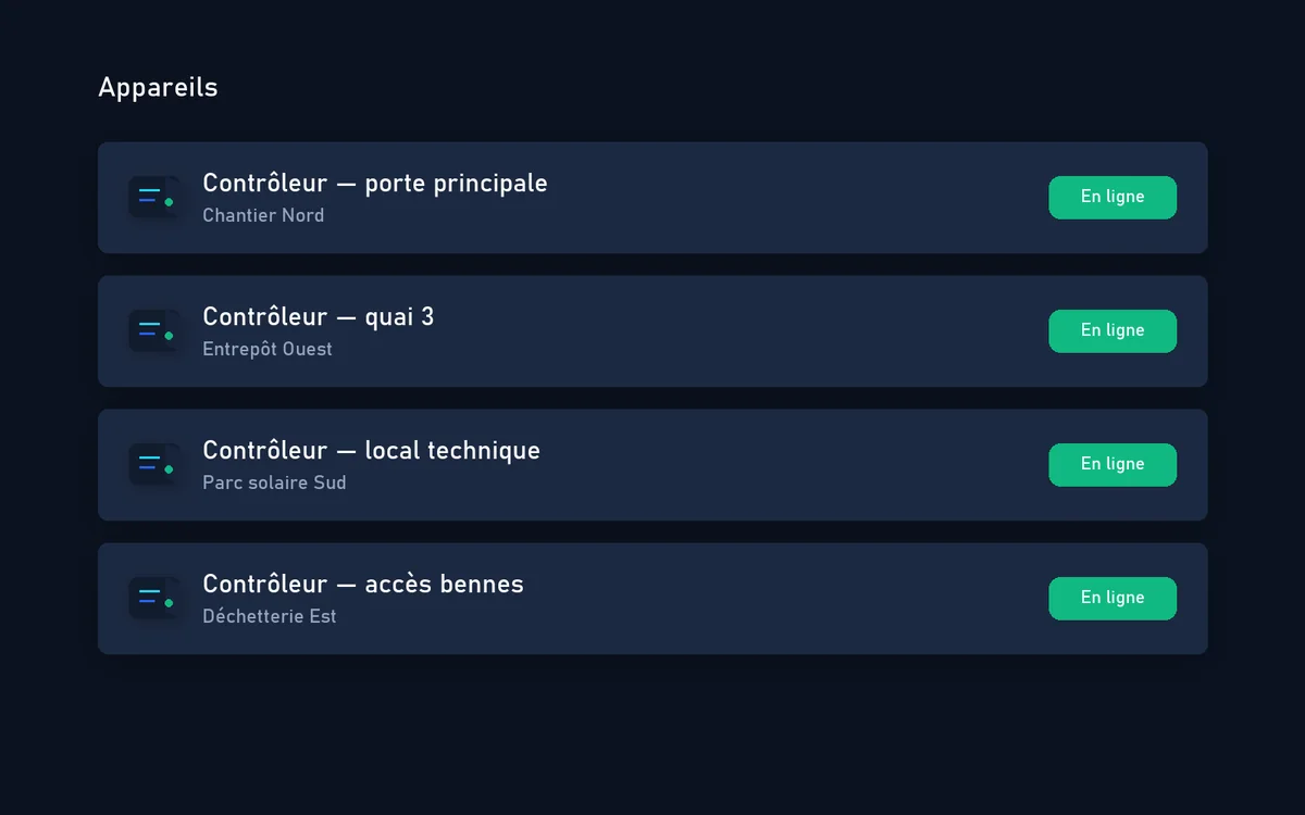 Liste des appareils : quatre contrôleurs, leur site et leur état « En ligne »