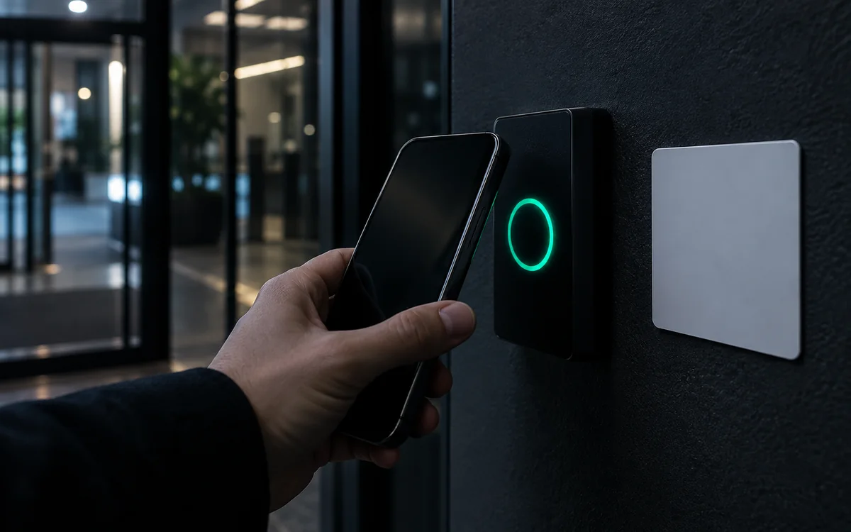 Une main approche un téléphone d’un lecteur de badge mural dont l’anneau passe au vert ; une carte d’accès est posée à côté