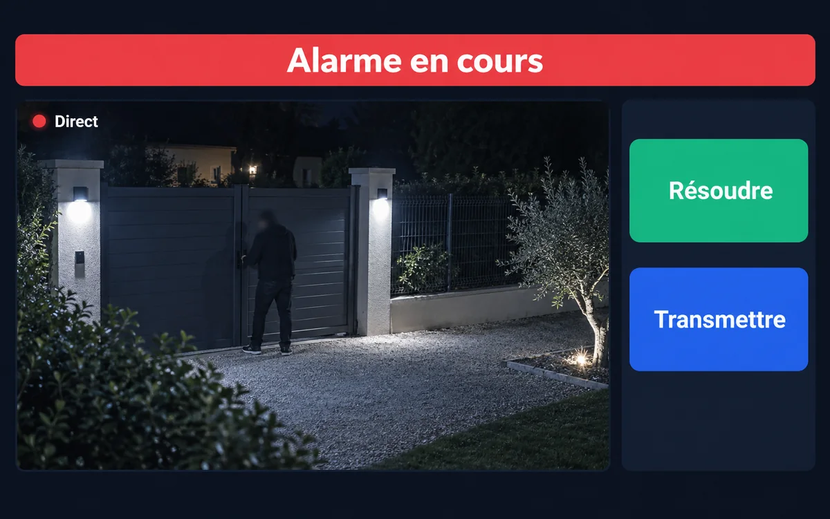 Écran d’alarme en cours : la vue en direct d’une cour de nuit devant un portail, et les boutons Résoudre et Transmettre