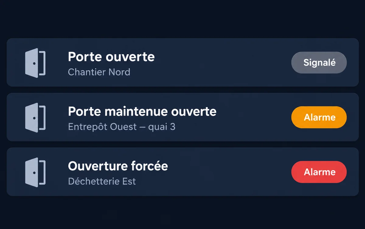 Trois événements de porte : porte ouverte signalée, porte maintenue ouverte et ouverture forcée, ces deux dernières en alarme