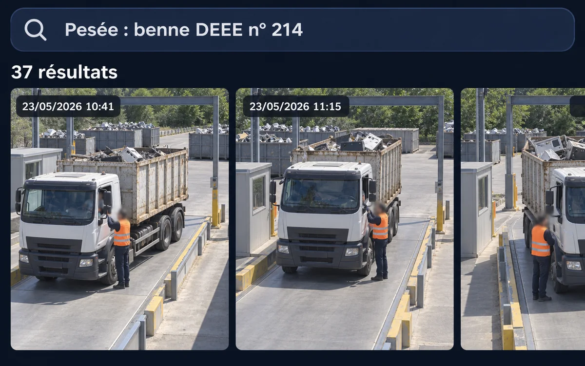 Recherche par événement métier : la pesée d’une benne DEEE et ses trente-sept résultats vidéo sur le pont-bascule