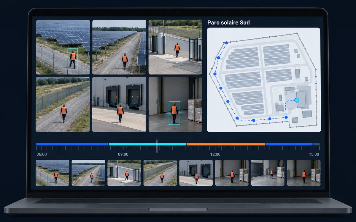 Console de supervision sur un portable : les vues de six caméras, le plan d’un parc photovoltaïque avec le trajet suivi, et la frise horaire des passages