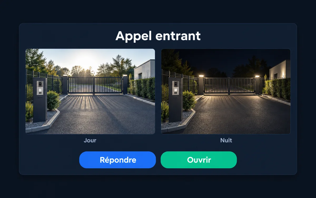 Fenêtre d’appel entrant : la même entrée de site de jour et de nuit, également lisible, et les boutons Répondre et Ouvrir