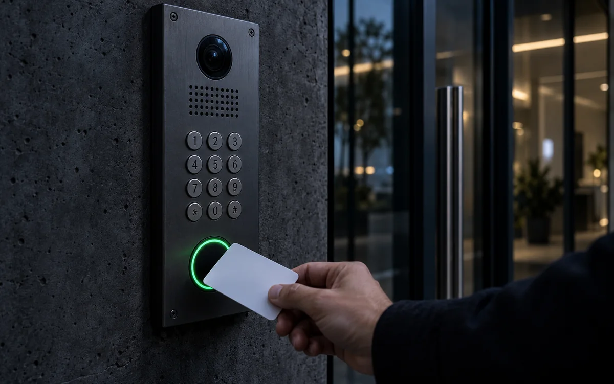 Platine d’interphone murale : objectif de caméra, clavier à douze touches et zone de lecture de badge dont l’anneau est vert ; une main y présente une carte d’accès