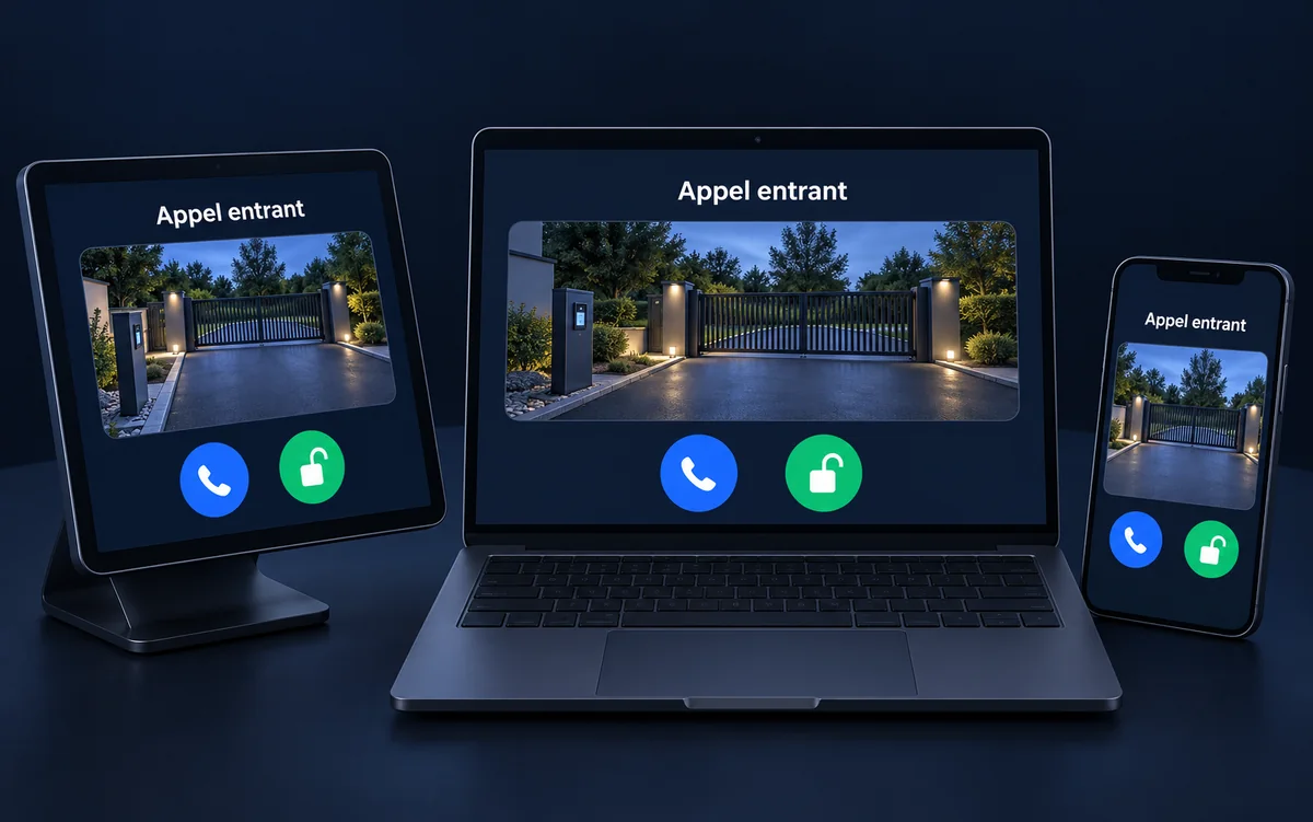 Le même appel entrant sur une tablette de comptoir, un ordinateur portable et un téléphone