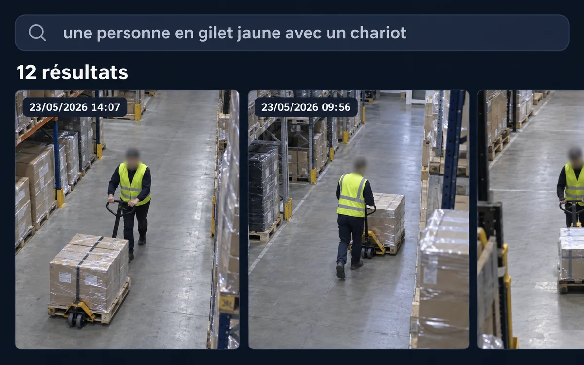 Recherche dans l’historique : la requête « une personne en gilet jaune avec un chariot » et ses douze résultats horodatés, en entrepôt, visages floutés