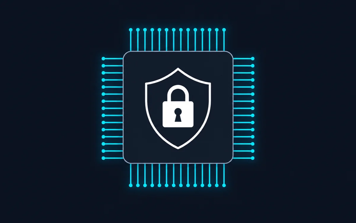 Illustration : un bouclier fermé d’un cadenas, au centre d’un processeur dont les broches rayonnent