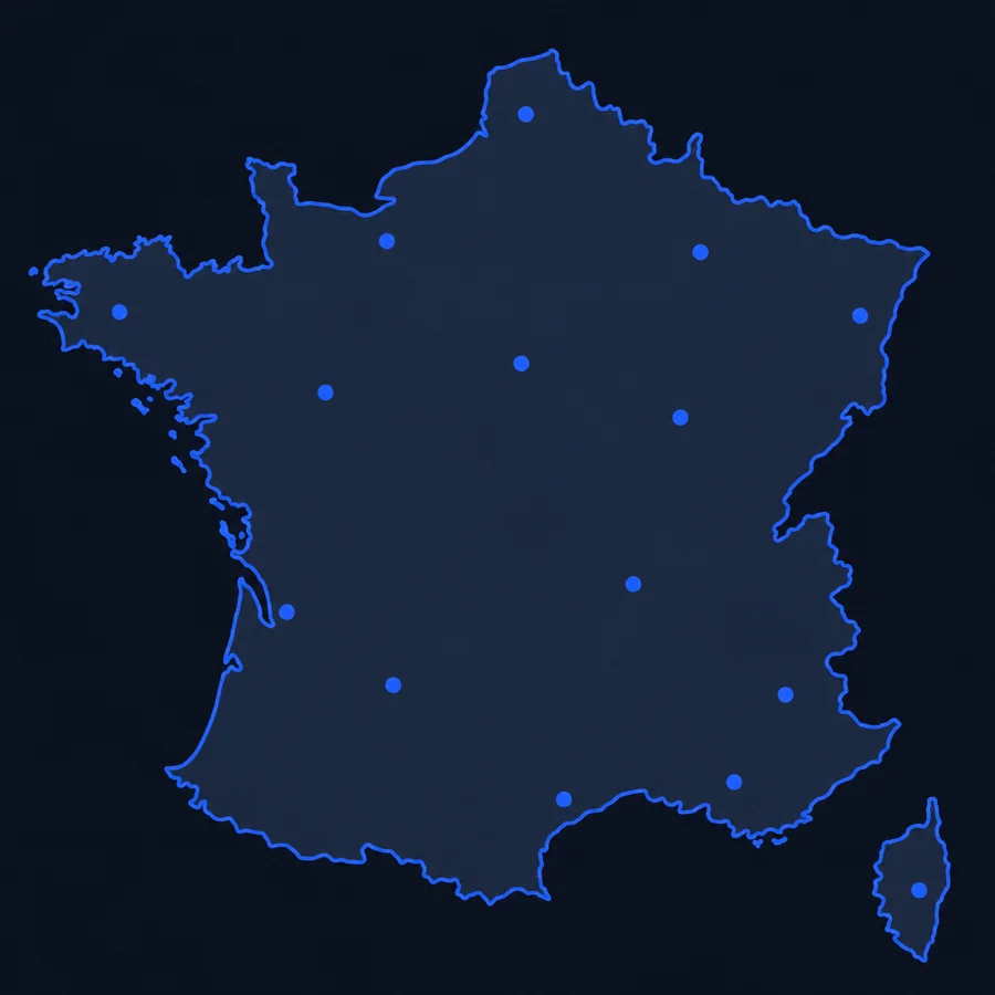 Carte de France parsemée de points répartis sur toutes les régions, de la Bretagne à la Corse : ARILAM intervient sur l’ensemble du territoire.