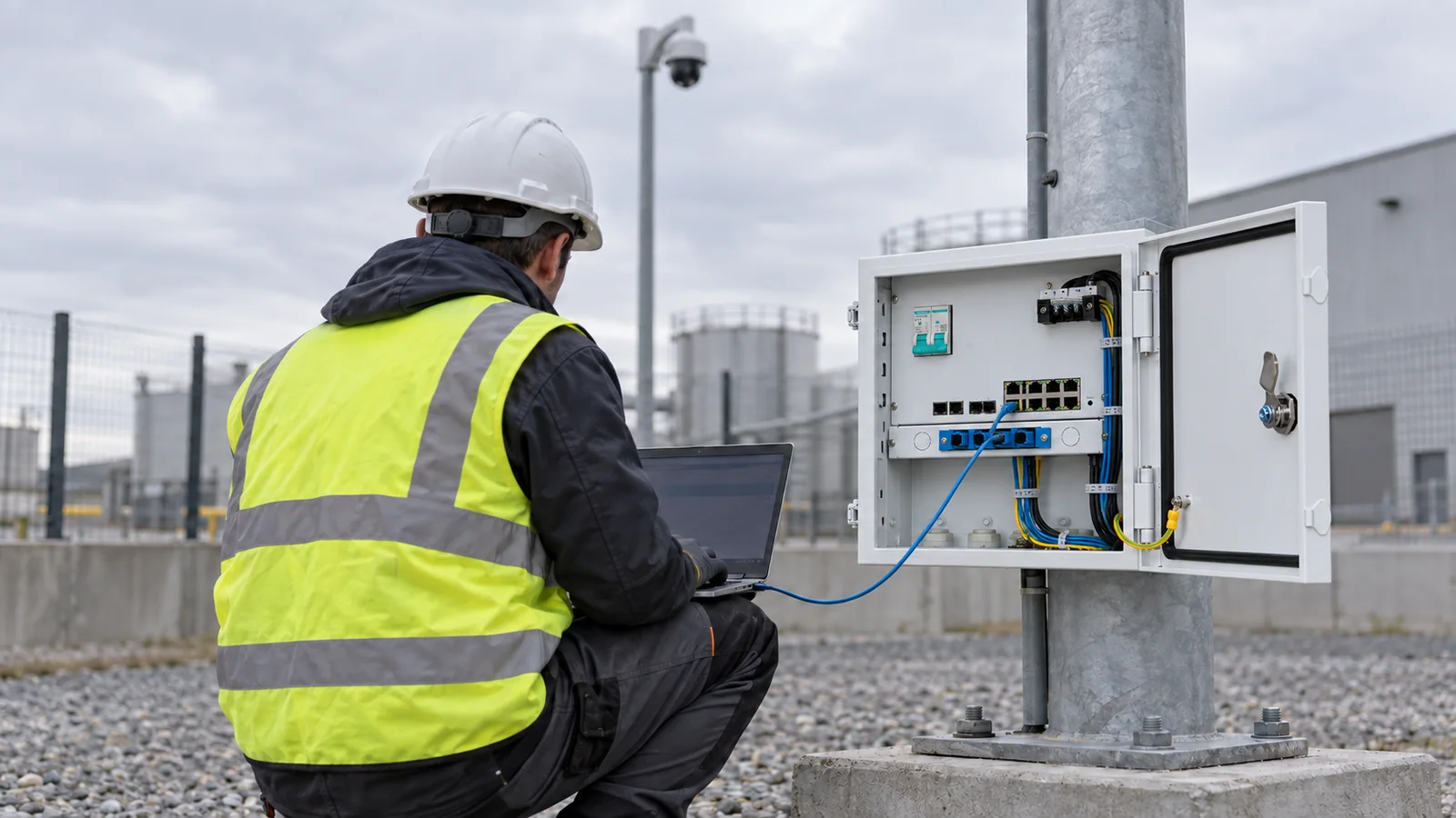 Technicien raccordant un ordinateur portable au coffret ouvert d’un mât de vidéoprotection, sur un site industriel