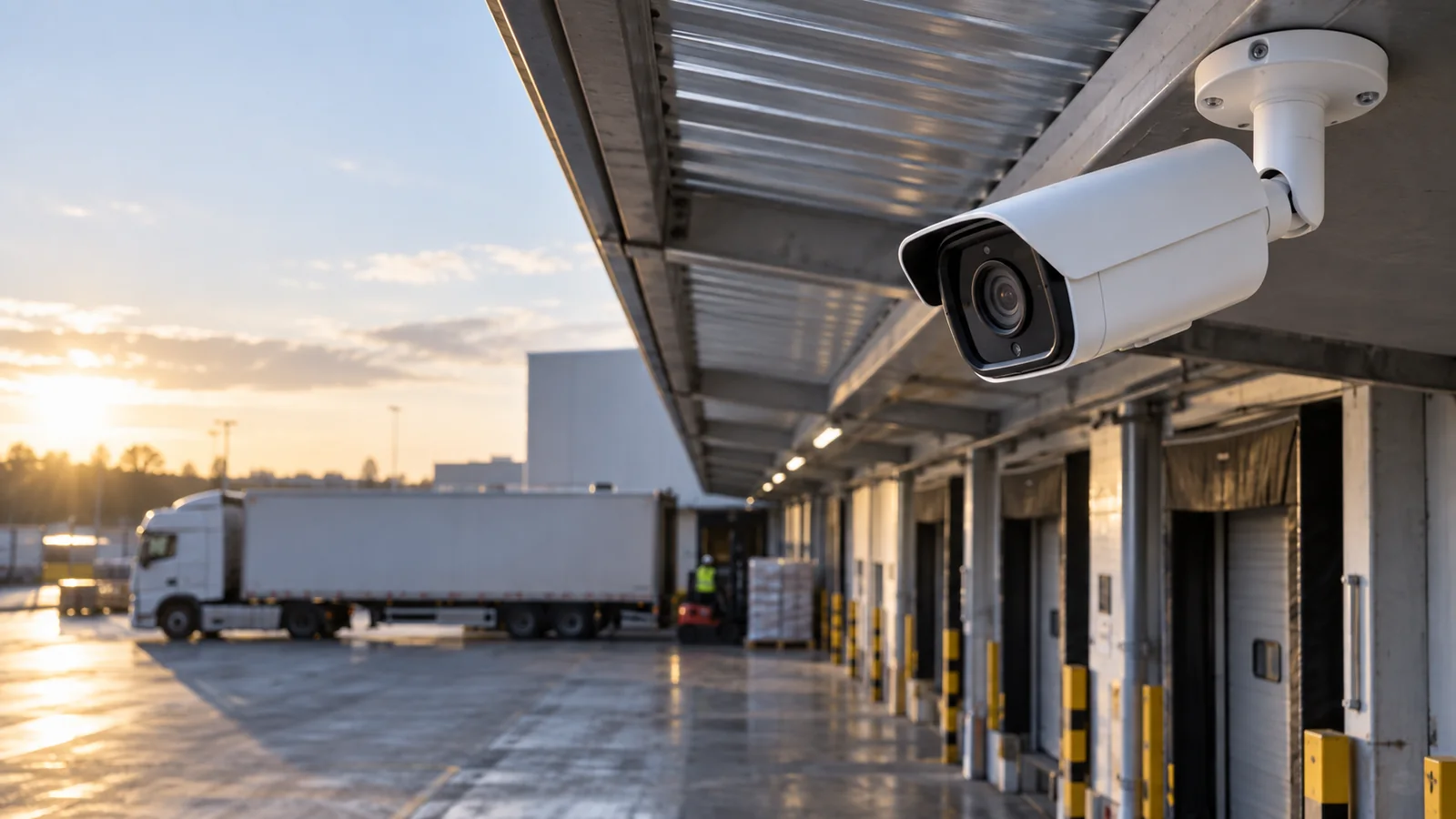 Caméra bullet fixée sous l’auvent d’un quai de chargement
