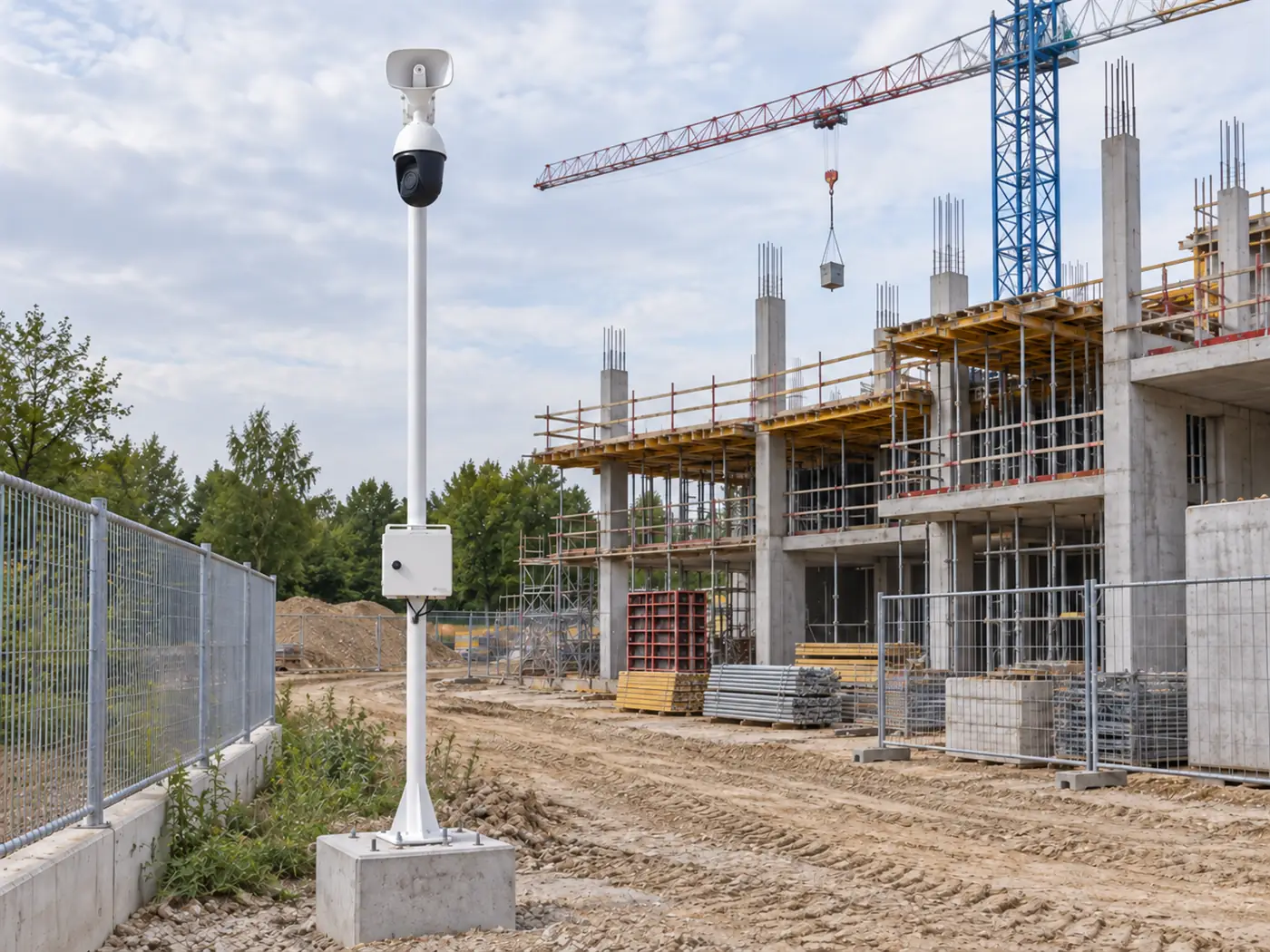 Mât ARILAM équipé d’une caméra motorisée, d’un haut-parleur de sommation et de son coffret de raccordement, en bordure d’un chantier de construction en activité, de jour