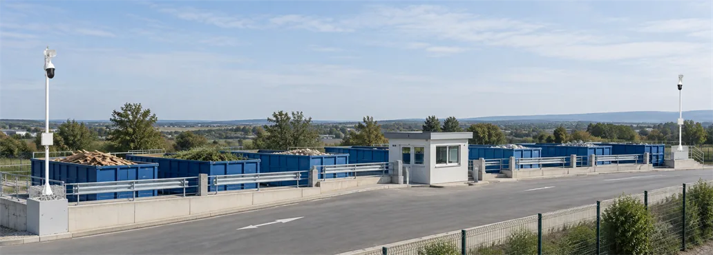 Vue d’ensemble d’une déchetterie de jour : la voie de circulation, l’alignement des bennes, le local de gardiennage et deux mâts ARILAM aux extrémités de la plateforme