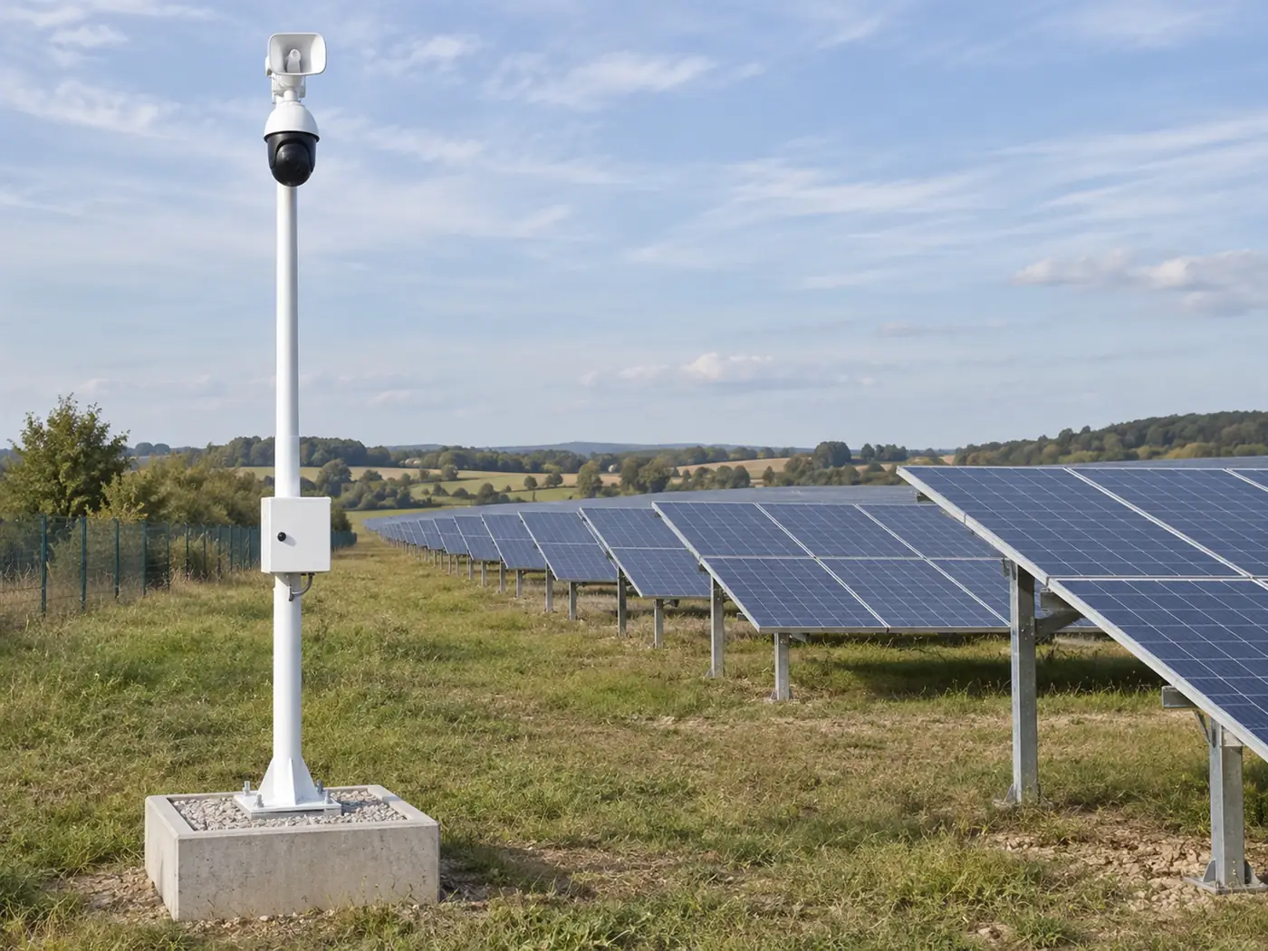 Mât ARILAM équipé d’une caméra motorisée, d’un haut-parleur de sommation et de son coffret de raccordement, en bordure d’une centrale photovoltaïque, de jour