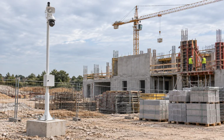 Mât de surveillance dressé au premier plan d’un chantier de construction en activité, caméra motorisée et haut-parleur en tête, grue à tour en arrière-plan, de jour