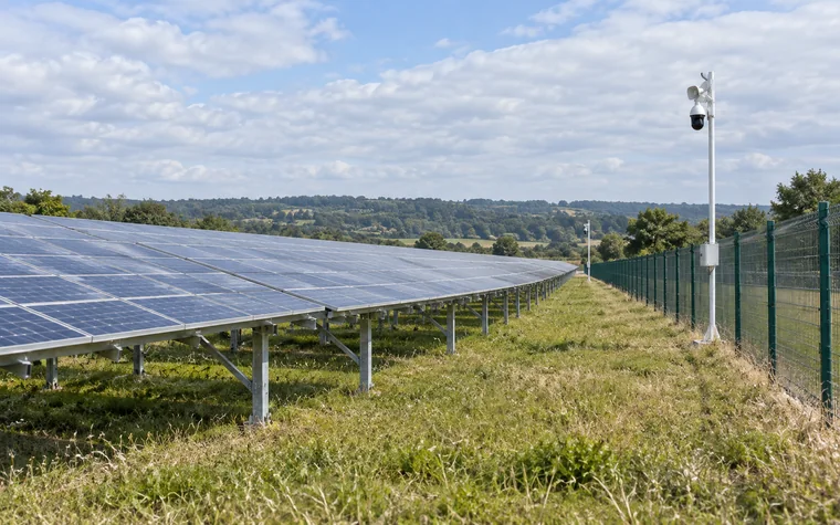 Mât de surveillance dressé en bordure de la clôture d’un parc photovoltaïque, caméra motorisée et haut-parleur orientés vers les rangées de panneaux, de jour